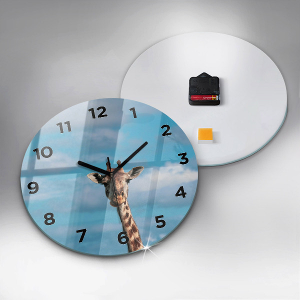 Round glass wall clock Giraffe head against the sky