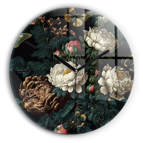 Round glass wall clock Flower and golden butterflies