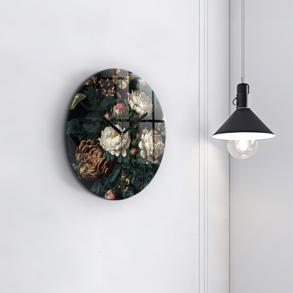 Round glass wall clock Flower and golden butterflies