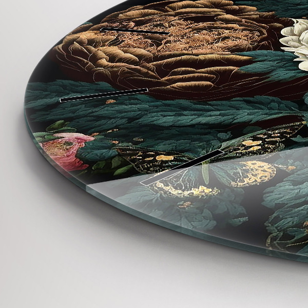 Round glass wall clock Flower and golden butterflies