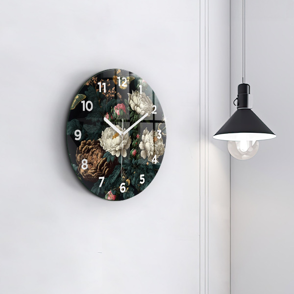 Round glass wall clock Flower and golden butterflies