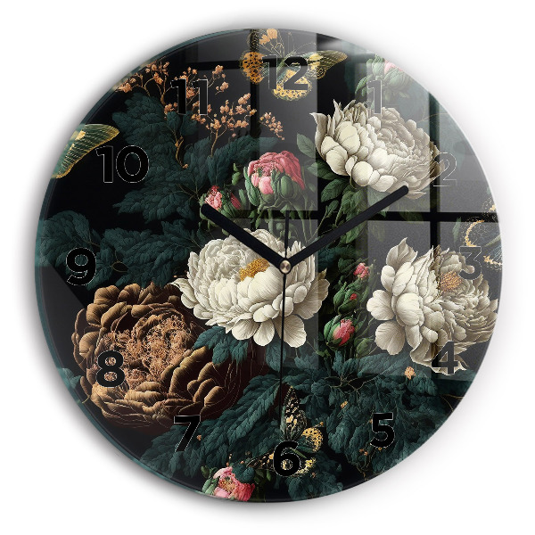 Round glass wall clock Flower and golden butterflies
