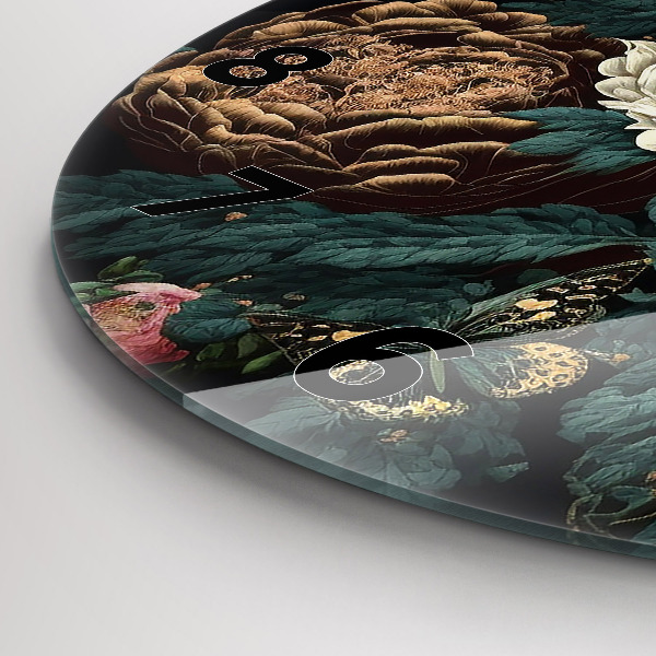 Round glass wall clock Flower and golden butterflies