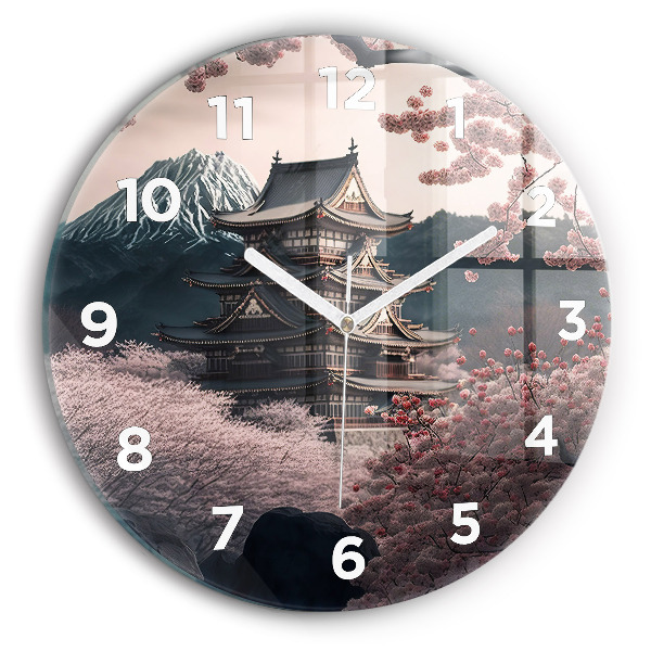 Round glass wall clock Tower and flowers in Asia