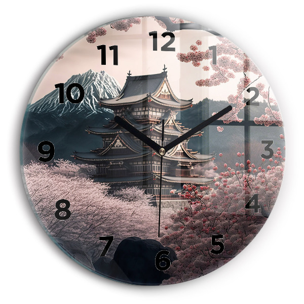 Round glass wall clock Tower and flowers in Asia