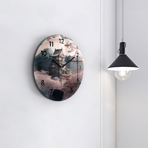 Round glass wall clock Tower and flowers in Asia