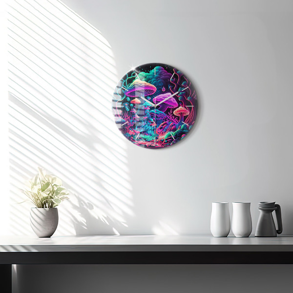 Round glass wall clock Neon mushrooms