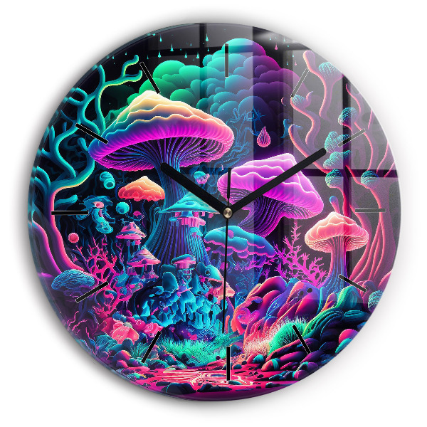 Round glass wall clock Neon mushrooms