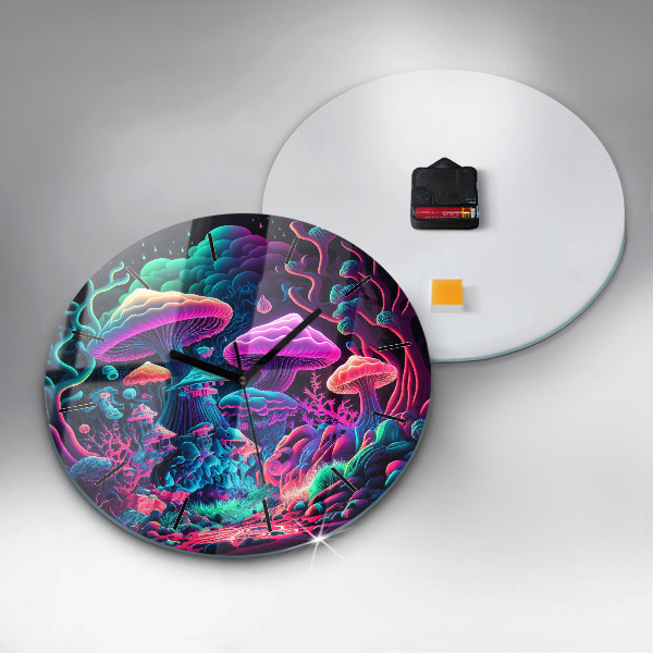 Round glass wall clock Neon mushrooms