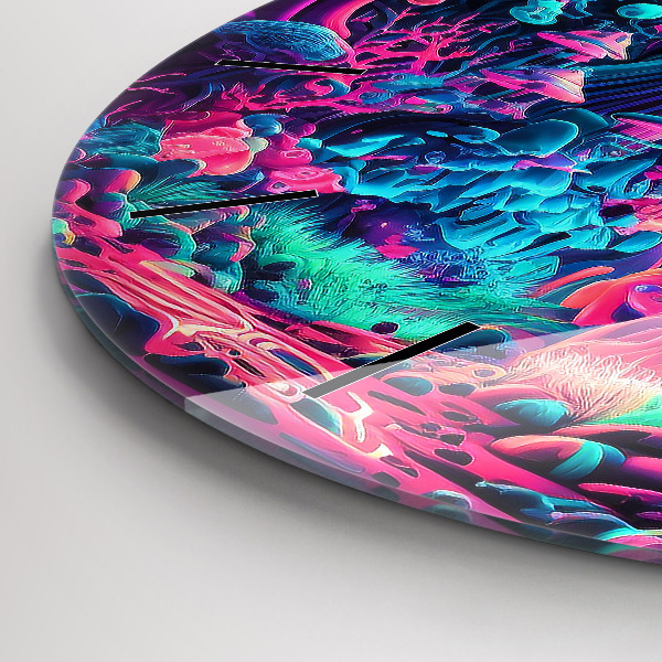 Round glass wall clock Neon mushrooms