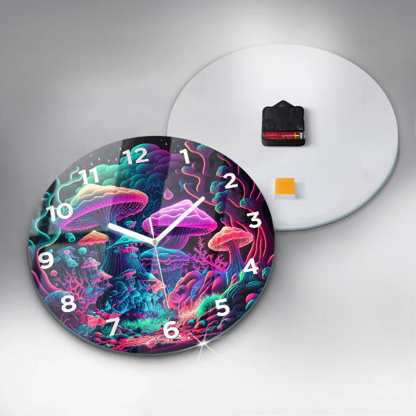 Round glass wall clock Neon mushrooms