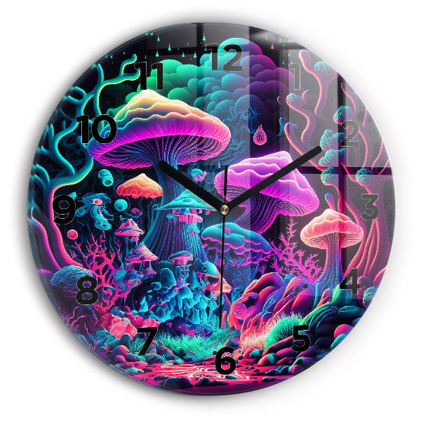 Round glass wall clock Neon mushrooms