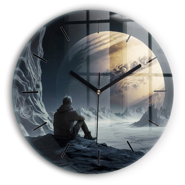 Round glass wall clock Man in front of the moon
