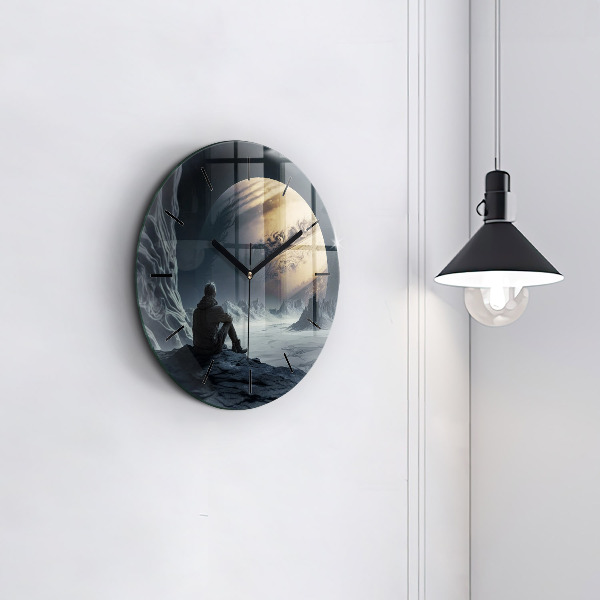 Round glass wall clock Man in front of the moon