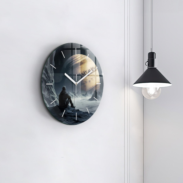 Round glass wall clock Man in front of the moon