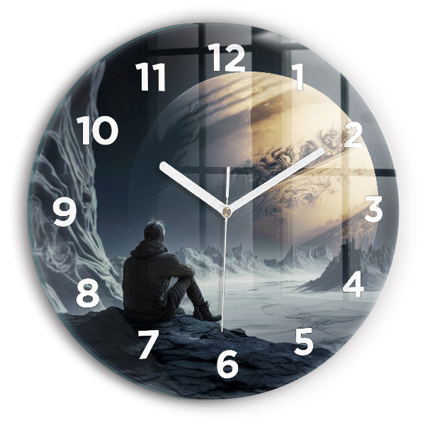 Round glass wall clock Man in front of the moon