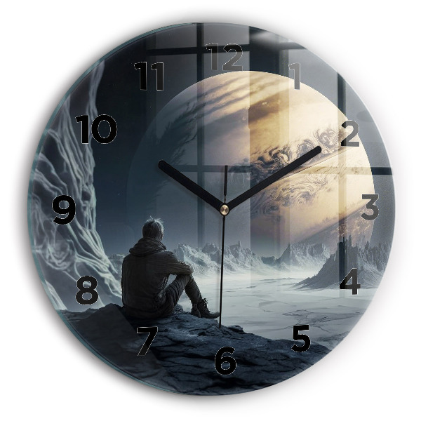Round glass wall clock Man in front of the moon