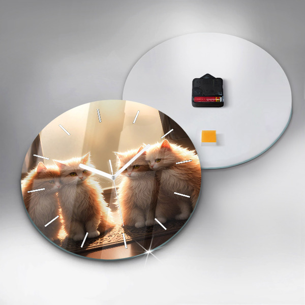 Round glass wall clock Four Kittens in the Sun