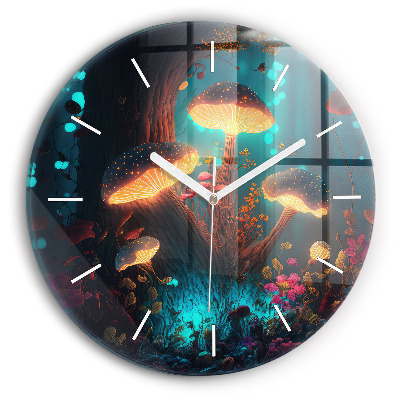 Round glass wall clock Forest and magic mushrooms