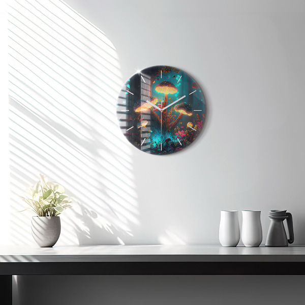 Round glass wall clock Forest and magic mushrooms
