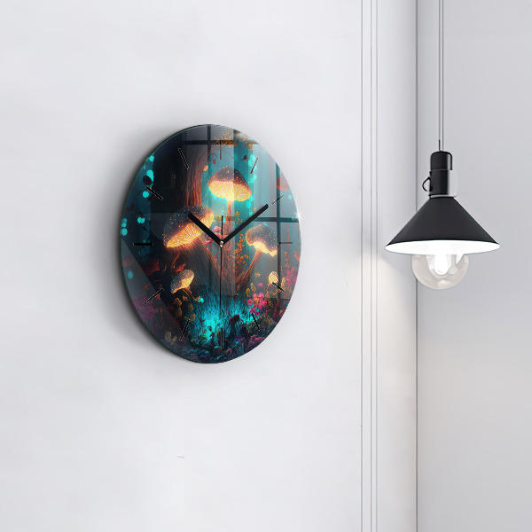 Round glass wall clock Forest and magic mushrooms
