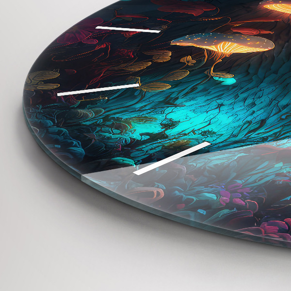 Round glass wall clock Forest and magic mushrooms