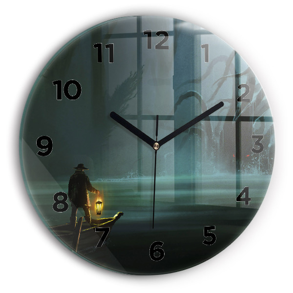 Round glass wall clock Man and Monster in the Swamp