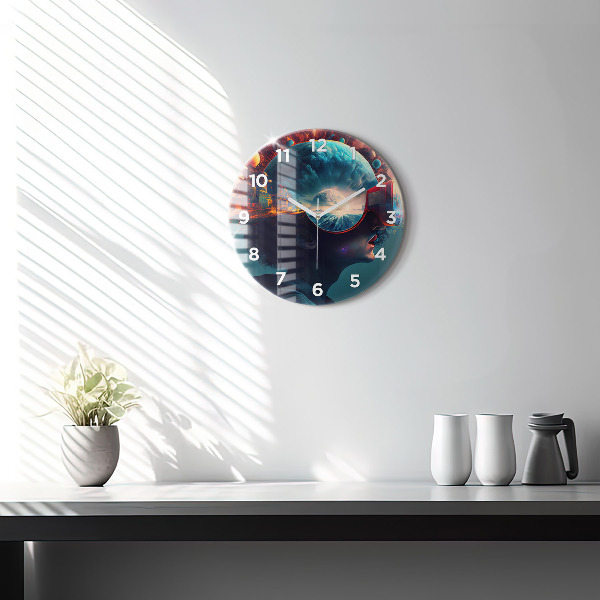 Round glass wall clock Futuristic world