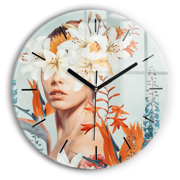 Round glass wall clock Woman with flowers