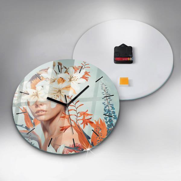 Round glass wall clock Woman with flowers