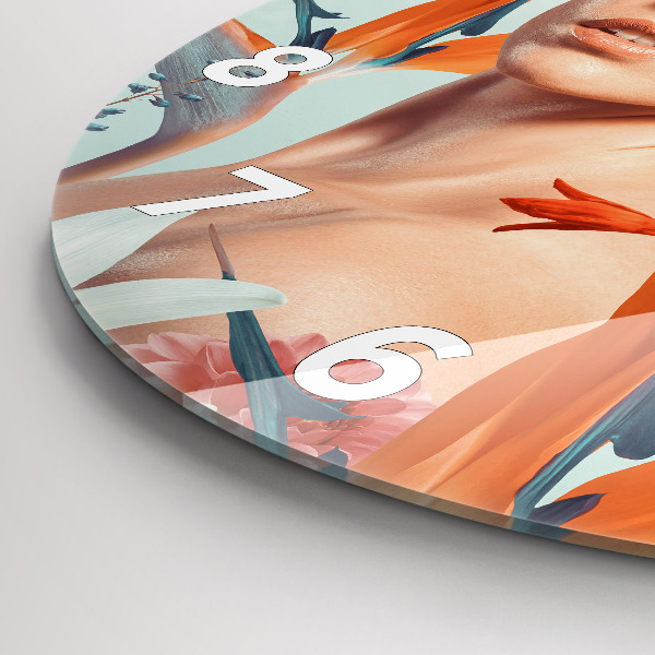 Round glass wall clock Woman with flowers