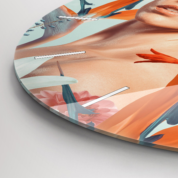 Round glass wall clock Woman with flowers