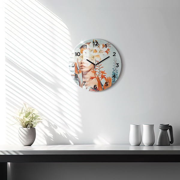 Round glass wall clock Woman with flowers