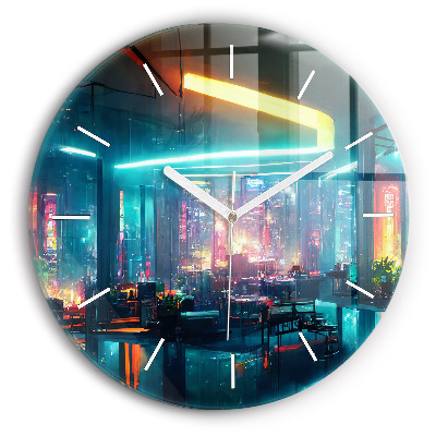 Round glass wall clock Cyberpunk style city