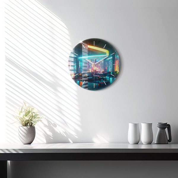 Round glass wall clock Cyberpunk style city
