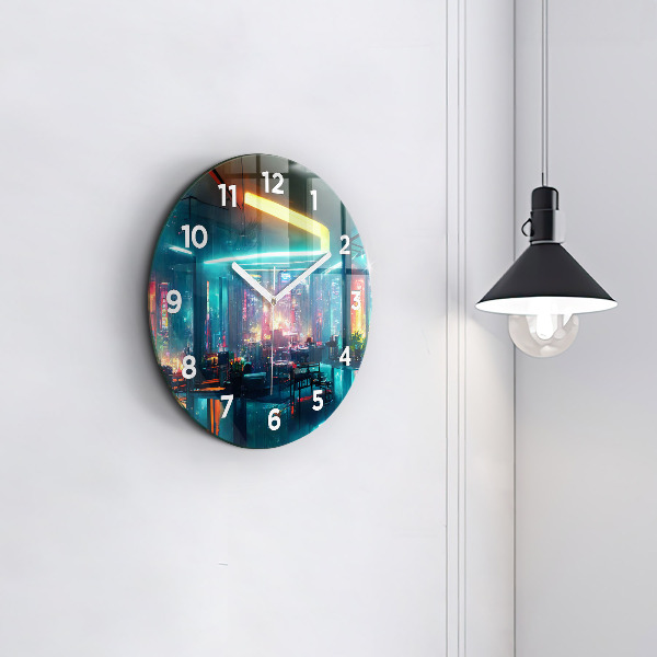 Round glass wall clock Cyberpunk style city
