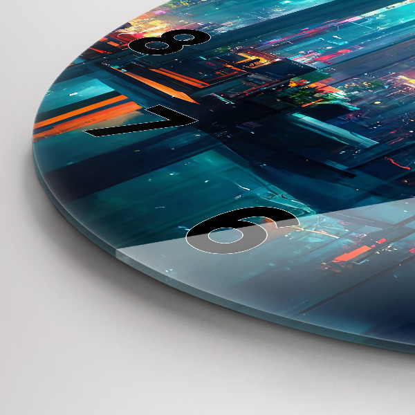 Round glass wall clock Cyberpunk style city