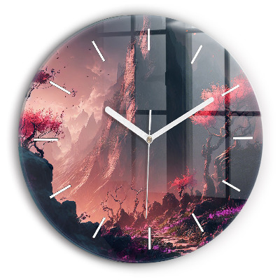 Round glass wall clock Magical forest and mountains