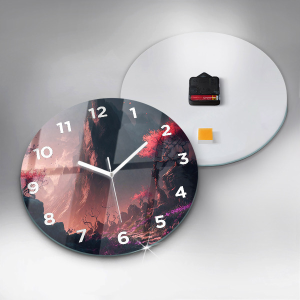 Round glass wall clock Magical forest and mountains