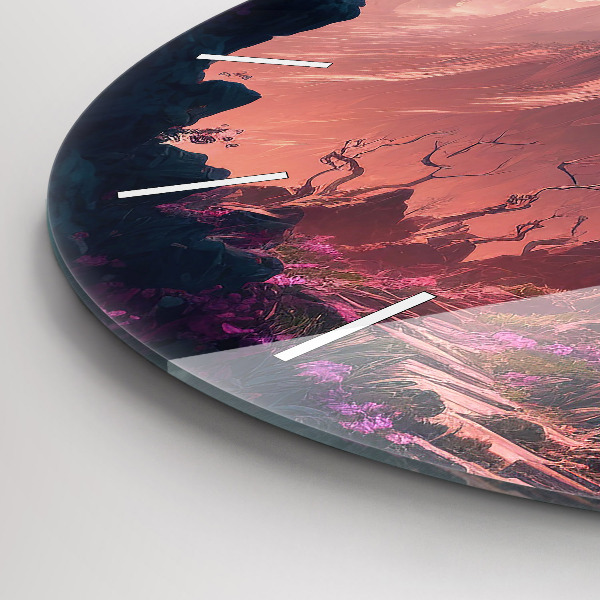 Round glass wall clock Magical forest and mountains