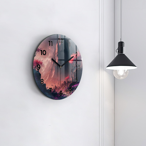 Round glass wall clock Magical forest and mountains