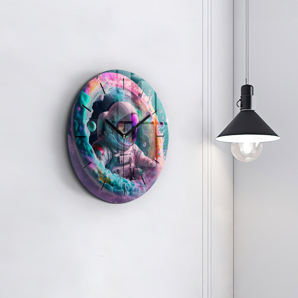 Round glass wall clock Cosmonaut and colorful clouds