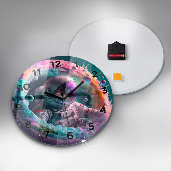Round glass wall clock Cosmonaut and colorful clouds