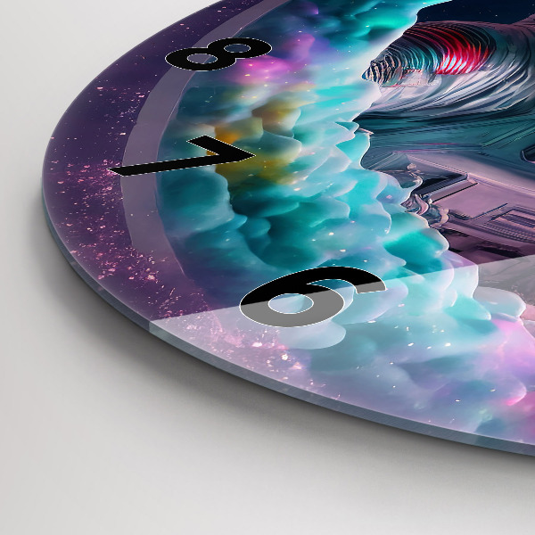 Round glass wall clock Cosmonaut and colorful clouds
