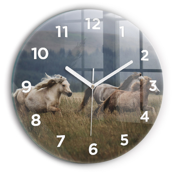 Round glass wall clock Horses at a gallop