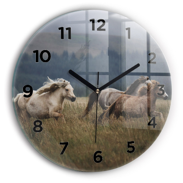 Round glass wall clock Horses at a gallop