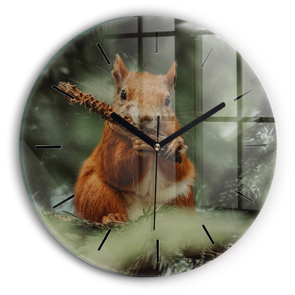 Round glass wall clock Squirrel and wild nature