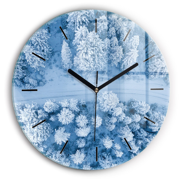 Round glass wall clock Forest in winter