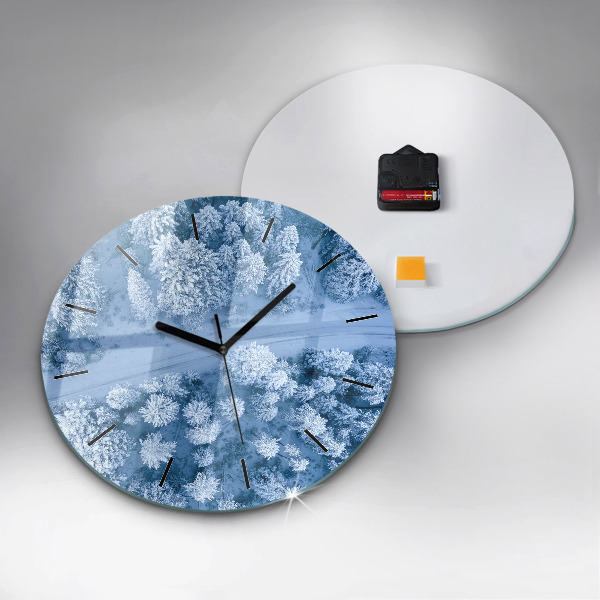 Round glass wall clock Forest in winter