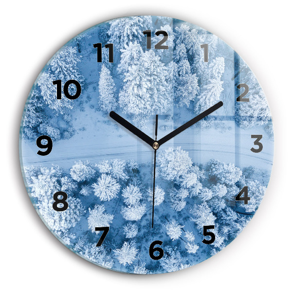 Round glass wall clock Forest in winter
